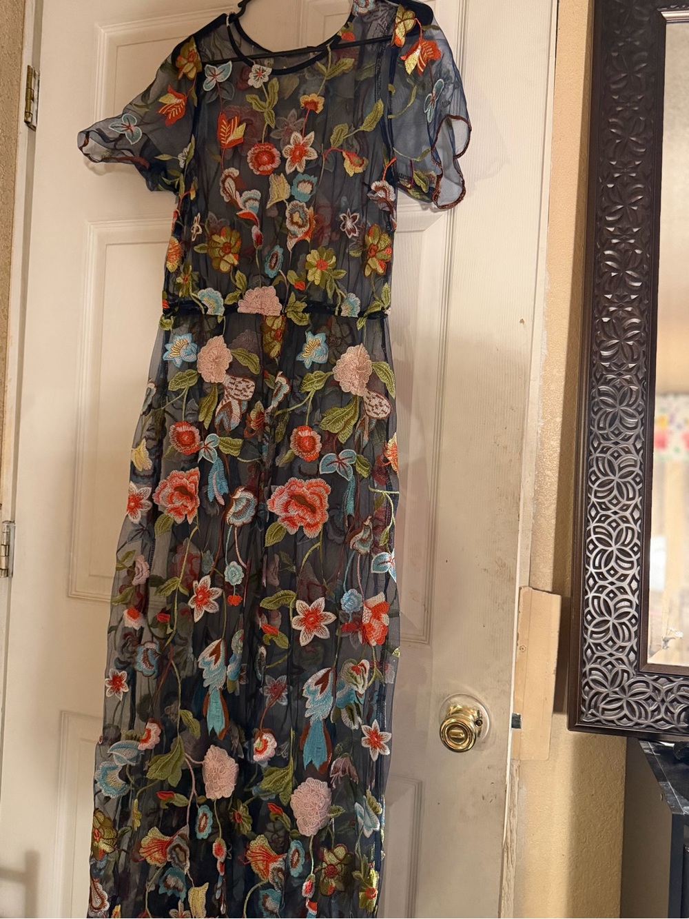 LuLaRoe Black Sheer Maxi Dress with Multicolor Floral Embroidery